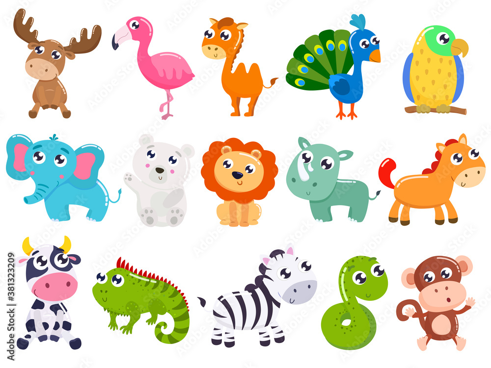 Big set of cute cartoon animals. Vector illustration.