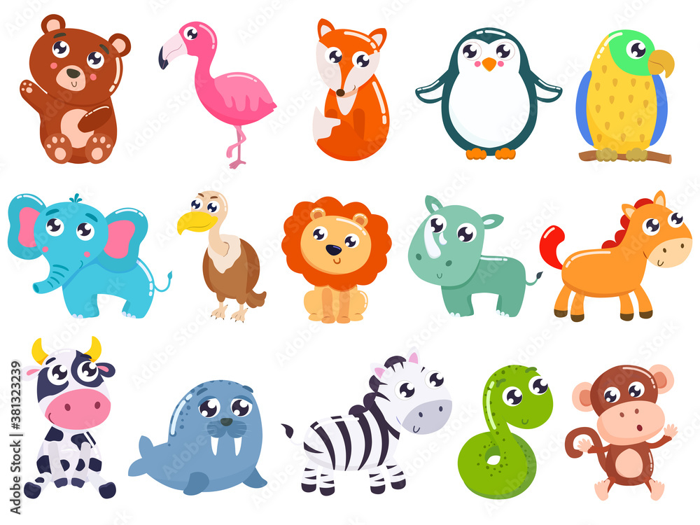 Obraz premium Big set of cute cartoon animals. Vector illustration.