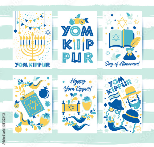 Yom Kippur greeting set cards with candles, apples and shofar and symbols. Jewish holiday background. Vector illustration on white. Translation in Enhlish of atonement day.