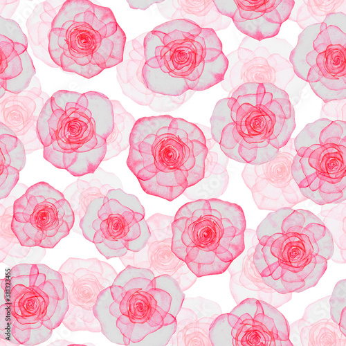 Watercolor seamless pattern with pink roses with transparent petals on a white background. For textiles  Wallpaper  invitations  greetings  wedding design.