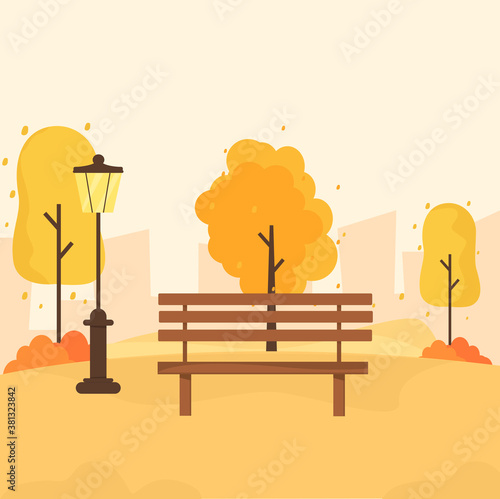 autumn park with bench and lanterns. vector flat illustration