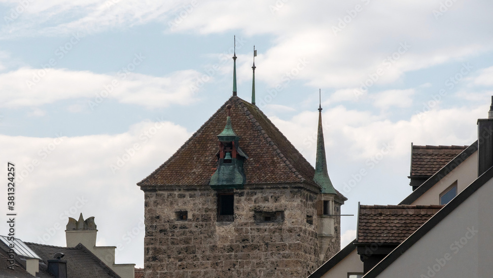 Fototapeta premium Medieval defense tower with embrasure and bell