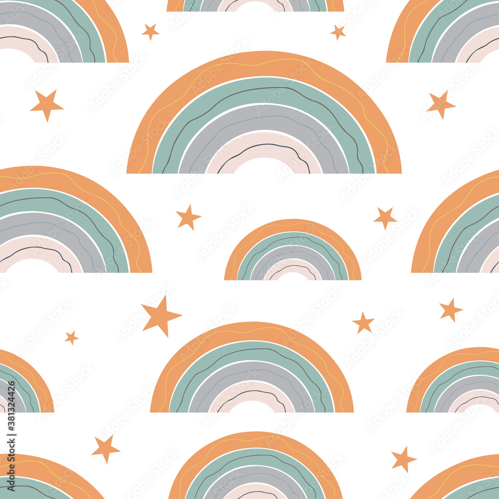 Scandinavian style rainbow seamless pattern with star elements. Cute abstract rainbows in nordic colors on white background.