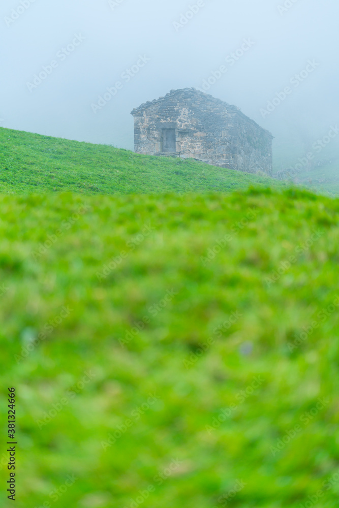 Fototapeta premium Cabañas Pasiegas and meadows, Miera Valley, Valles Pasiegos, Cantabria, Spain, Europe