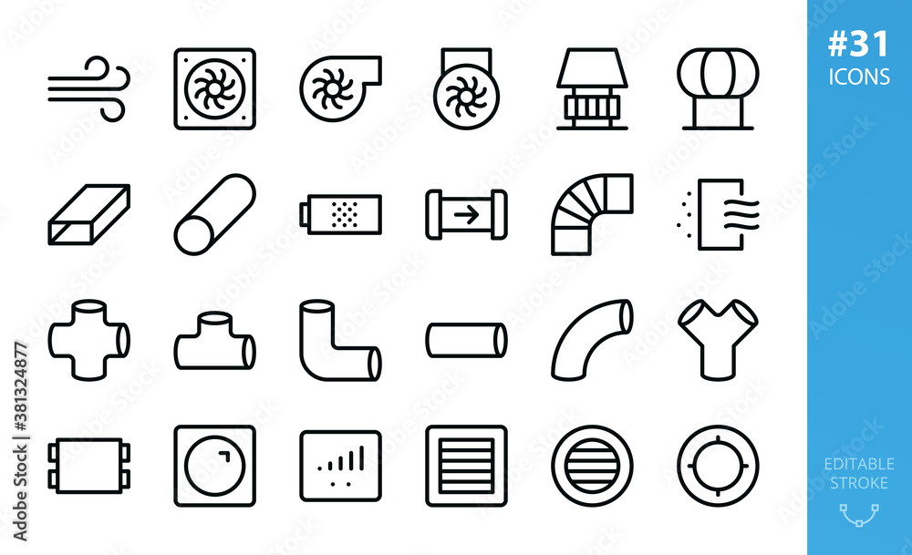 Industrial ventilation isolated icon set. Set of exhaust fan, industrial  centrifugal fan, flat air duct, ventilation pipes, vent grille, air filter  vector icons Stock Vector | Adobe Stock