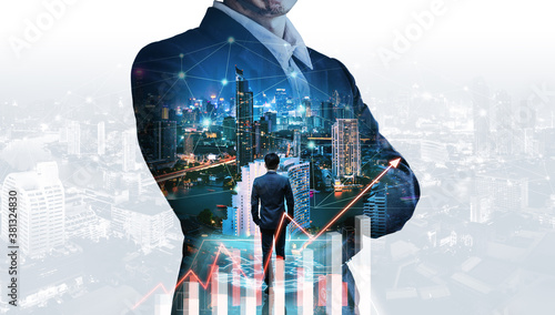 Billede på lærred Double exposure business man on futuristic network connect city technology backg