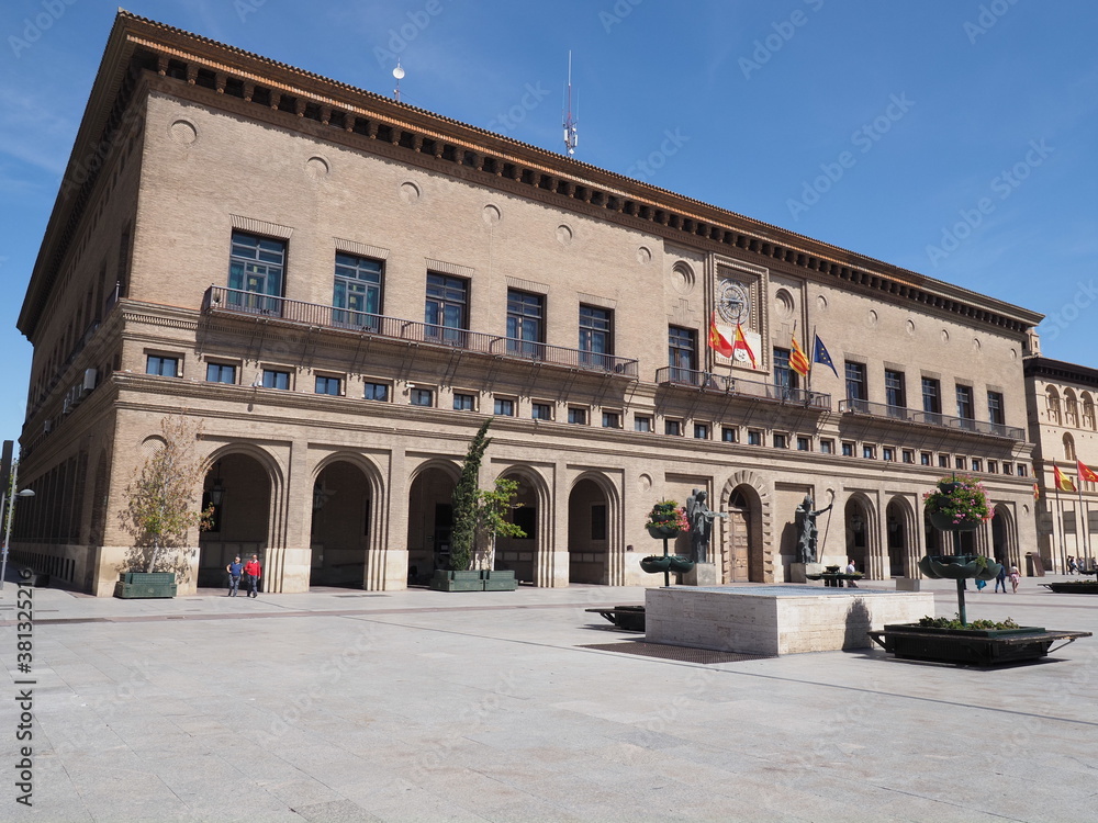 Marvelous town hall on main market square in european Saragossa city at Aragon district in Spain, clear blue sky in 2019 warm sunny summer day on September.