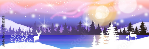 Holiday winter landscape with snow, reindeers’ silhouette, pines, forest, frozen lake. Christmas night background with aurora borealis, stars. X-mas winter landscape postcard with panoramic woodland