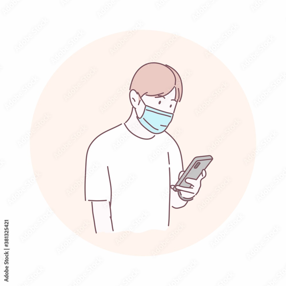 Man wearing surgical mask and using smartphone. Prevent disease, flu, air pollution, contaminated air, concept. Hand drawn character style vector.