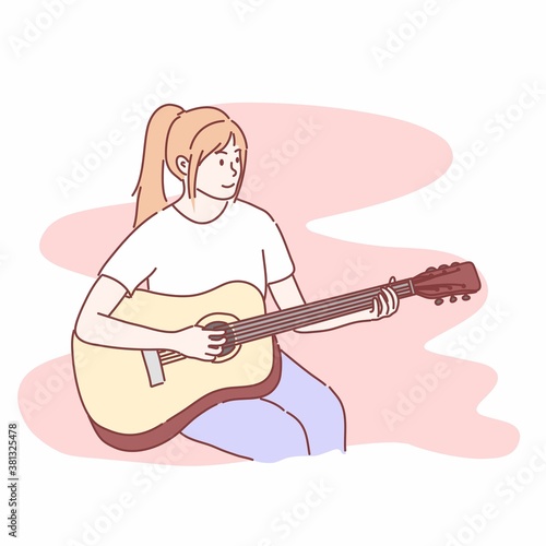 Woman playing guitar. Hand drawn character style vector.
