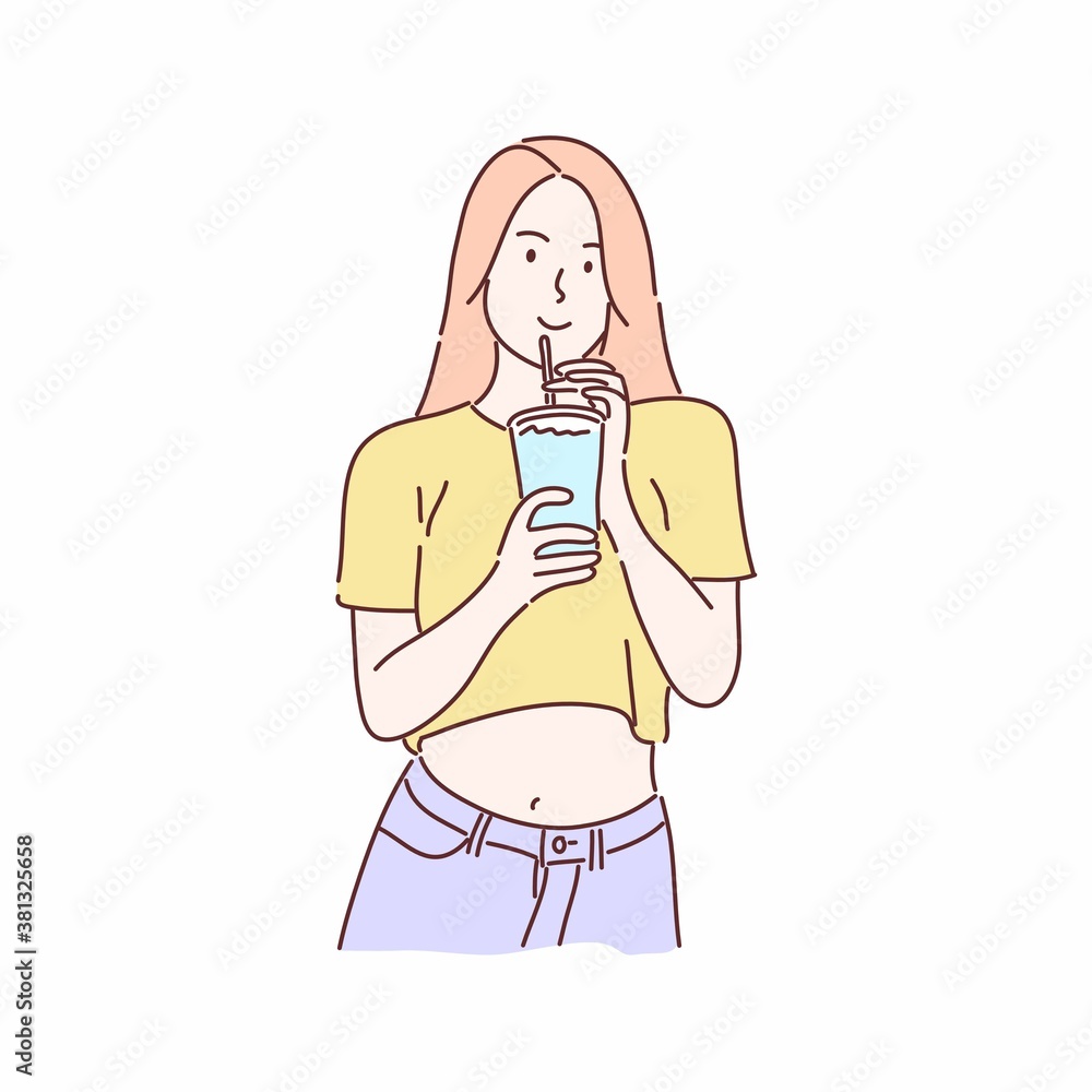 Woman drinking water from plastic tumbler. Hand drawn character flat style vector. Woman drinking water from plastic tumbler. Hand drawn character flat style vector.
