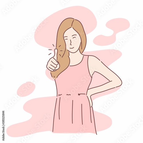 Happy woman showing gesture with thumb ups. Hand drawn character style vector.