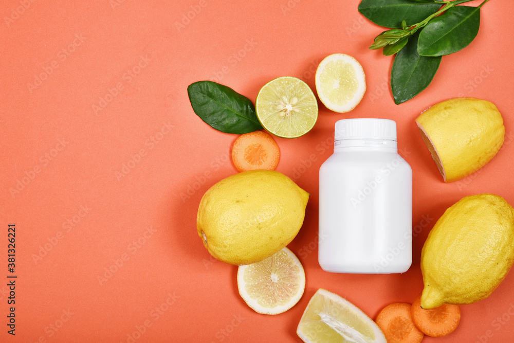 Vitamin C nutrition pills, Natural medicine supplement from organic fresh fruit and vegetable, Healthy beauty food diet.