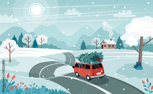 Car with christmas tree on the road. Cute winter landscape. Vector illustration in flat style