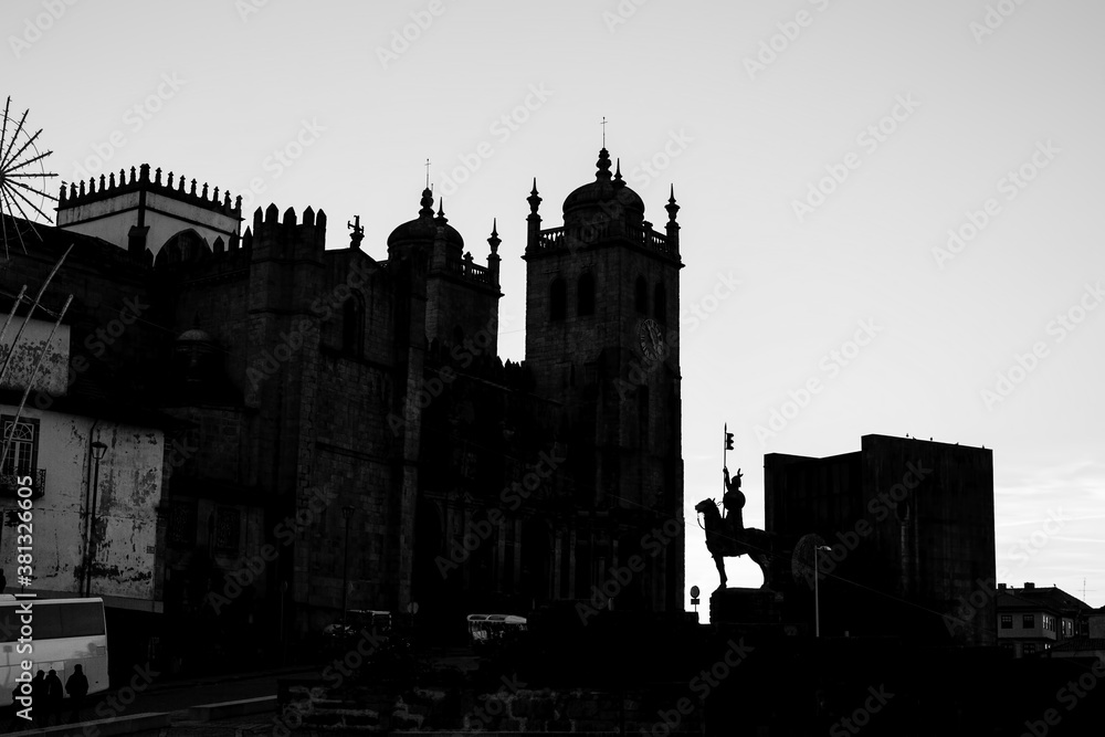 Silhouette of Cathedral Se do Porto, Portugal. Black and white photography.