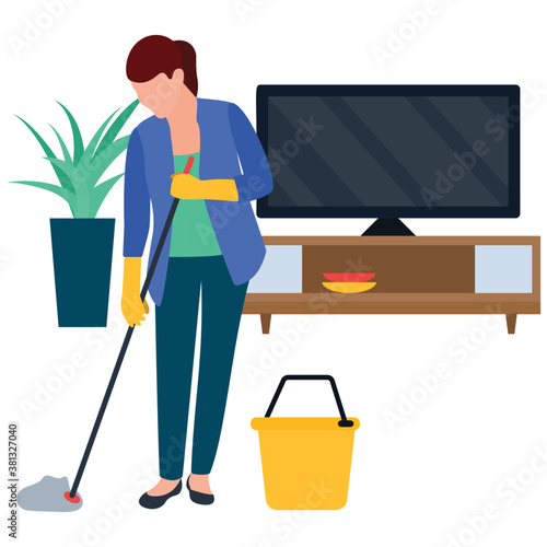 
Household services flat vector icon, mopping girl 
