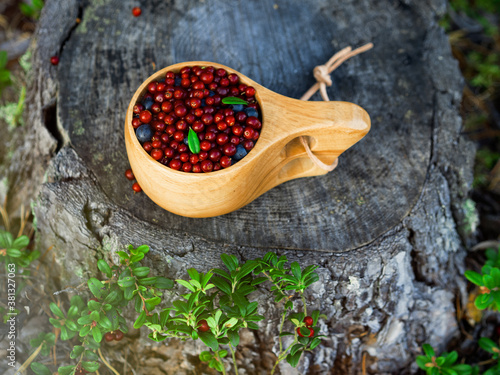 cranberries in a wooden cup against a forest background photo