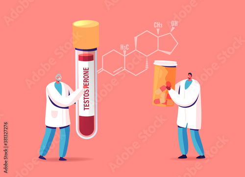 Men Health, Testosterone Therapy Concept. Tiny Doctor Characters at Huge Hormone Formula Holding Patient Blood Test