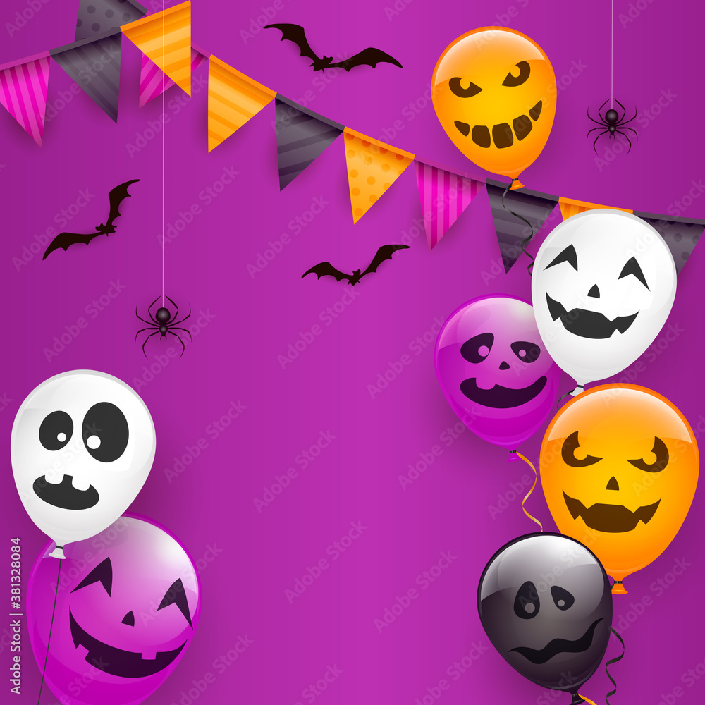 Naklejka premium Scary Balloons and Spiders on Purple Halloween Background
