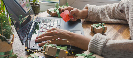 Christmas online shopping, sales and discounts promotions during the Christmas holidays, online shopping at home and lockdown coronavirus.Xmas