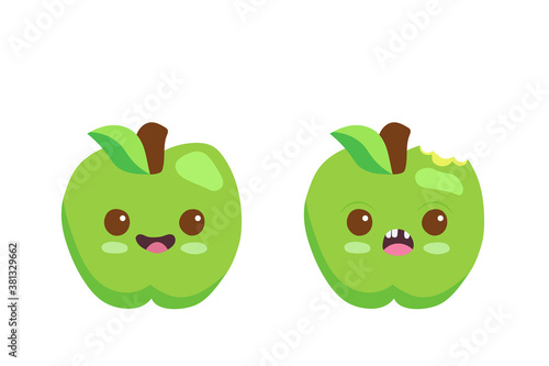 Kawaii cartoon green apple character with funny face. Cute happy fruits mascot vector illustration isolated on white. Funny kids menu concept. Smiling & surprised face food emoji. Fruit juice design.