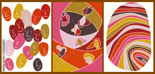 A set of three bright abstract minimalistic aesthetic backgrounds with silhouettes of diverse people, hands, faces. Trendy colorful vector illustration for social media, web design in vintage style.
