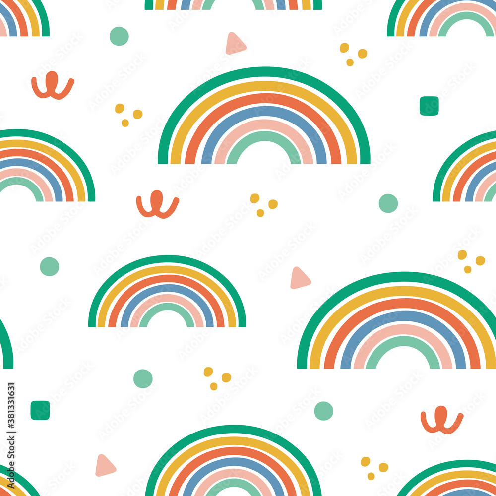 Fototapeta Scandinavian style rainbow seamless pattern with geometric shapes. Cute abstract rainbows in nordic colors on white background.