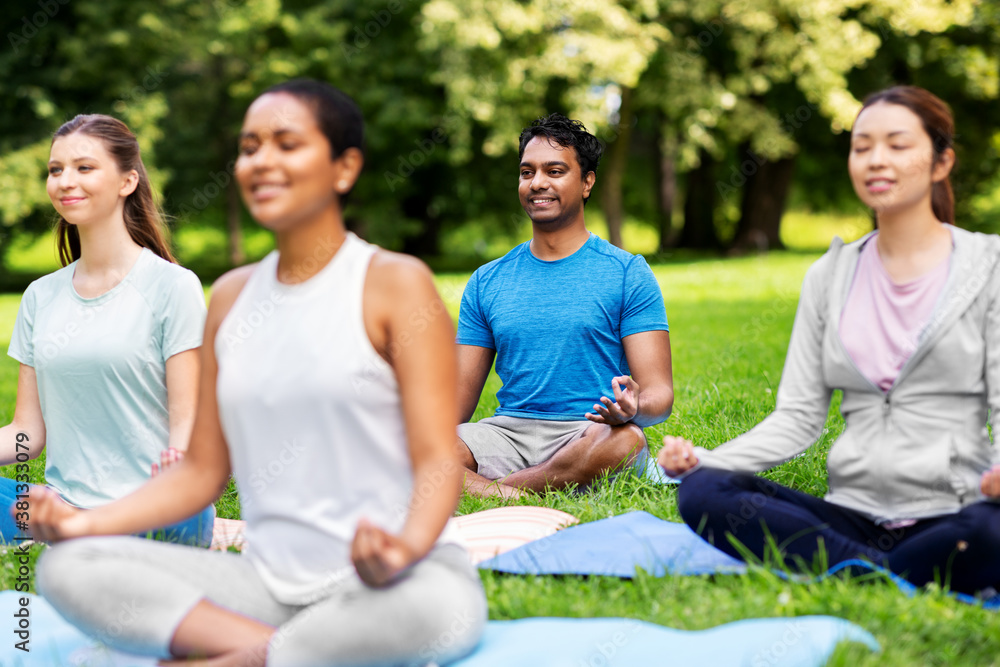 fitness, sport, yoga and healthy lifestyle concept - group of people meditating in lotus pose at summer park fitness, sport, yoga and healthy lifestyle concept - group of people meditating in lotus pose at summer park