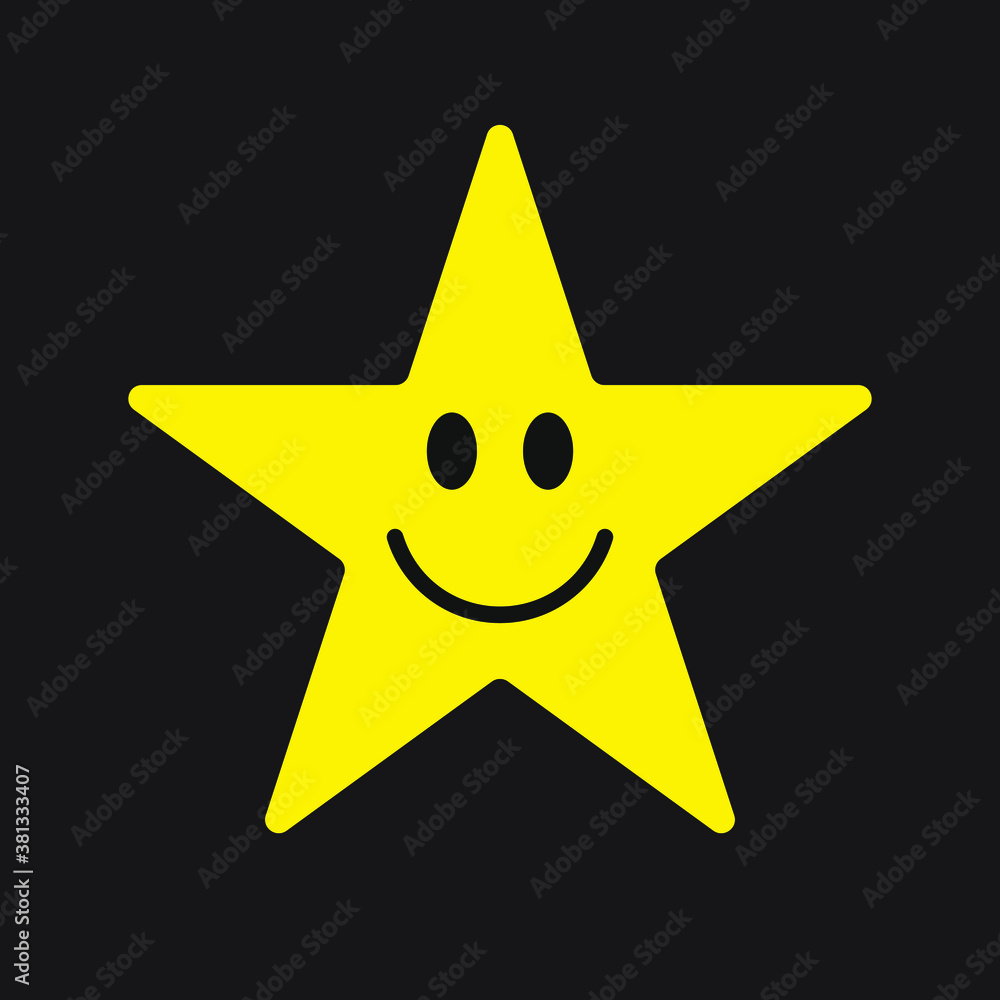 Smiling star face vector icon symbol. Yellow happy smile button sign. Simple flat shape happy emotion logo. Isolated on black background. Smiling star face vector icon symbol. Yellow happy smile button sign. Simple flat shape happy emotion logo. Isolated on black background.