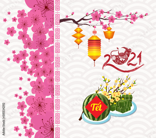 Cooked square glutinous rice cake and blossom, Vietnamese new year 2021. Translation Tết  Lunar new year, year of ox