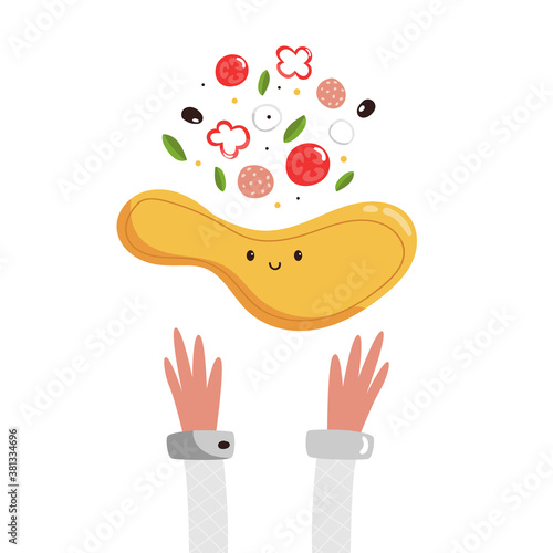 Pizzaiolo making tasty pizza with delicious ingredients. Colorful vector illustration