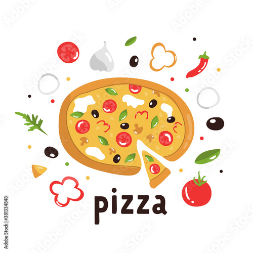 Tasty pizza with delicious ingredients. Colorful vector illustration