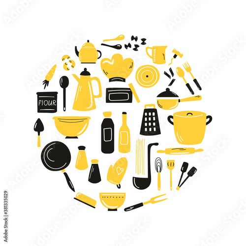 Cooking hand drawn abstract design with kitchen amenities, equipment. Sketched vector illustration