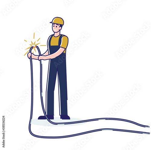 Electrician man holding electric cable with electricity spark. Engineer repair high voltage wire