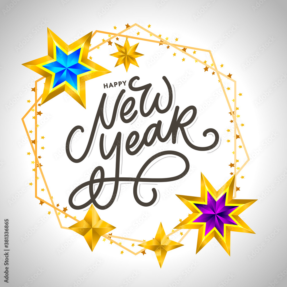 Happy New Year 2020. Lettering Composition With Stars And Sparkles. Holiday Vector Illustration frame Happy New Year 2020. Lettering Composition With Stars And Sparkles. Holiday Vector Illustration frame