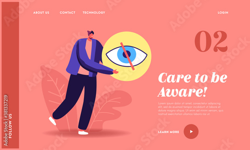 Social Account Privacy Landing Page Template. Tiny Male Character Carry Huge Symbol of Crossed Eye. Private Information