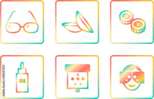 Vector Icon Set. A set of 6 colorful icons for the optics website. Optometry, ophthalmology, contact lenses.