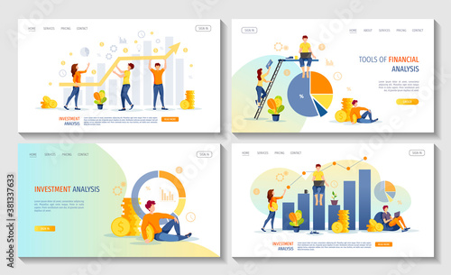 Set of web pages with diagrams, coins and working people. Profit, income, making money, financial success, business, investment analysis concept. Vector illustration for banner, poster, website.