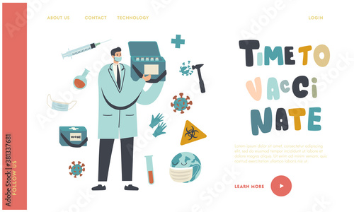 Vaccination, Fight with Microbes, Bacteria Disease Protection Landing Page Template. Doctor Male Character Hold Box