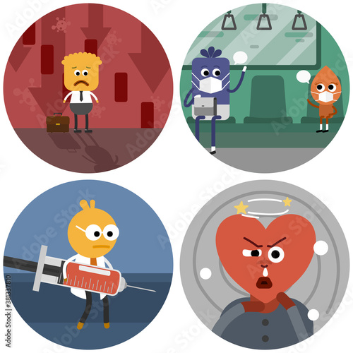The vector of coronavirus with cute monsters. Economic down, public transport, Vaccine and symptom. Creative flat design for web page and business presentation.