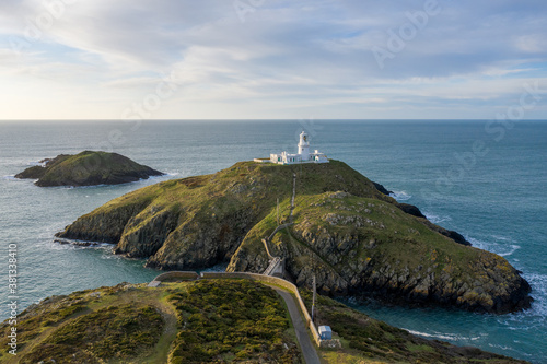 Aerial view of Strumble Head Lighthouse, near Goodwick, Pembrokeshire, Dyfed, Wales, UK photo