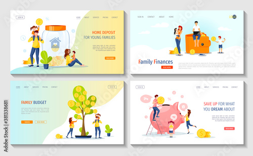 Young family with piggy bank, wallet, money tree. Profit, Money saving or accumulating, Home deposit, family budget, Family finances concept. Vector illustration. Set of web pages.