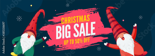 Big Sale Header or Banner Design with 50% Discount Offer and Two Cartoon Gnome Character for Christmas Celebration.