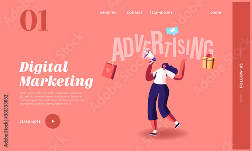 Woman Shouting to Megaphone Landing Page Template. Female Character Advertising. Online Public Relations and Affairs