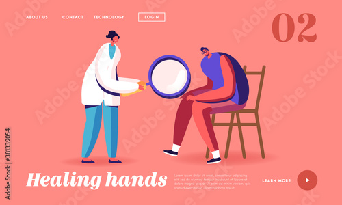 Joints Disease, Healthcare Landing Page Template. Doctor Arthrologist Character with Magnifying Glass Watch Patient