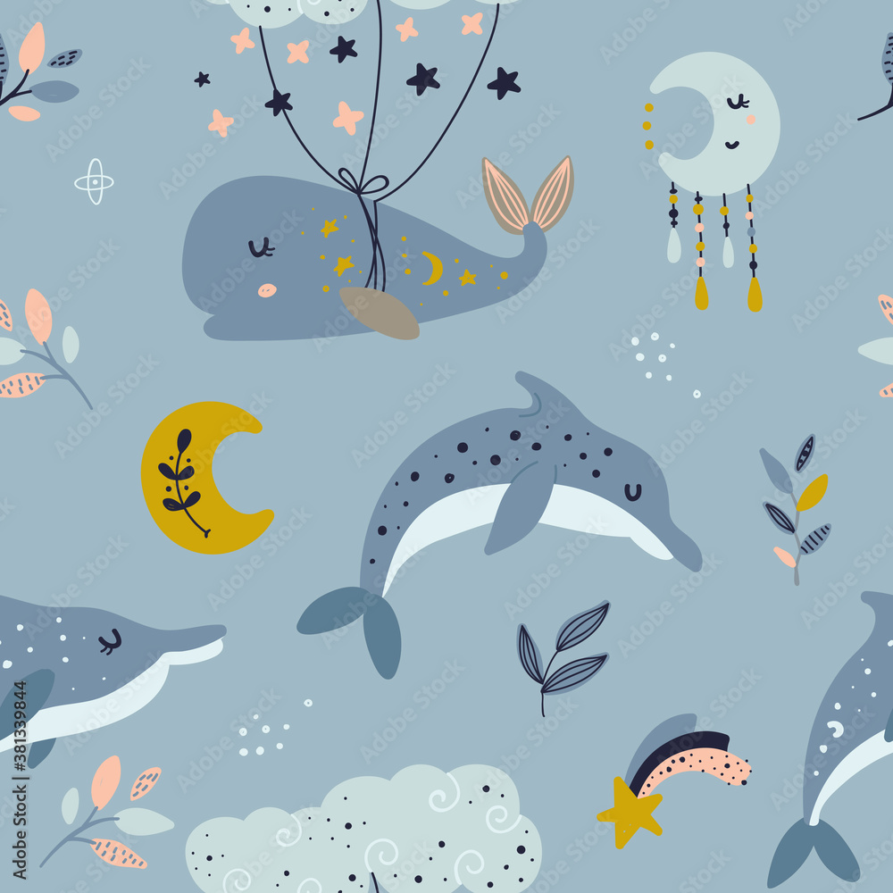 Fototapeta premium Seamless pattern with celestial whale and dolphins.