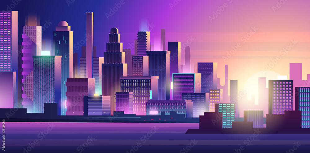 Cyberpunk city. Neon glow lighting urban landscape purple colored dark futuristic town vector background. Cyberpunk building, futuristic cityscape tower illustration
