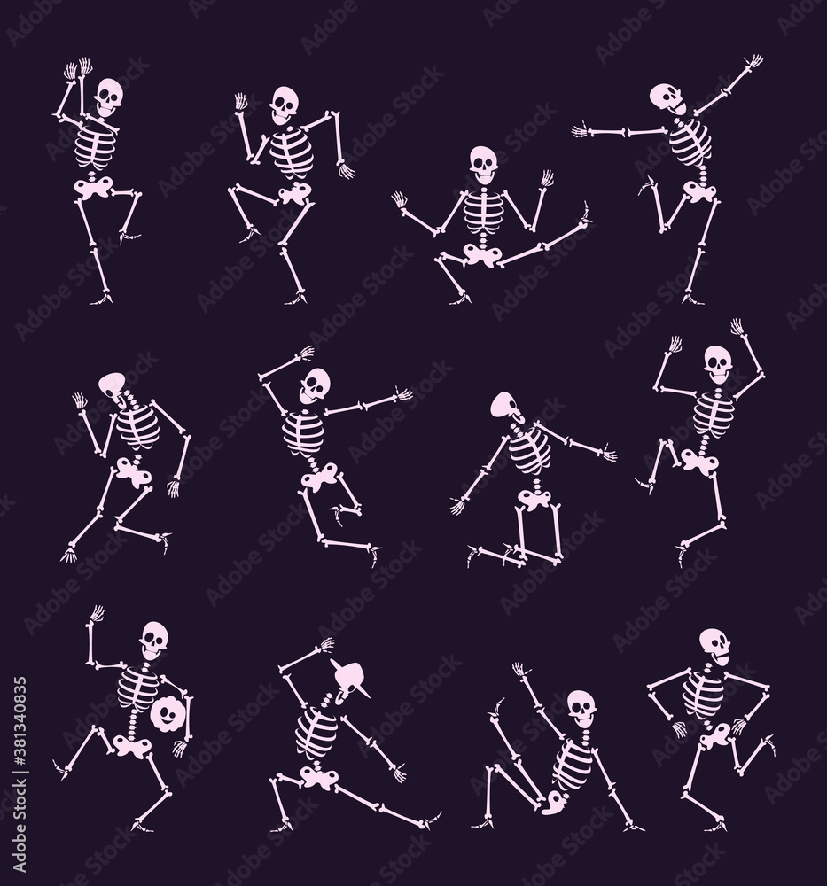 Skeleton party. Undead with skull and bones halloween dancer in funny ...