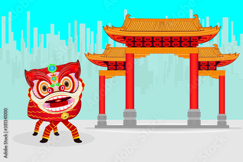 Lion dance and Chinatown or Chinese gate chinese tradition drawing in vector