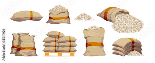 Rice bags. Pile with sackful textile objects grain agricultural collection vector sacks in cartoon style. Rice bag, pile grain agriculture illustration